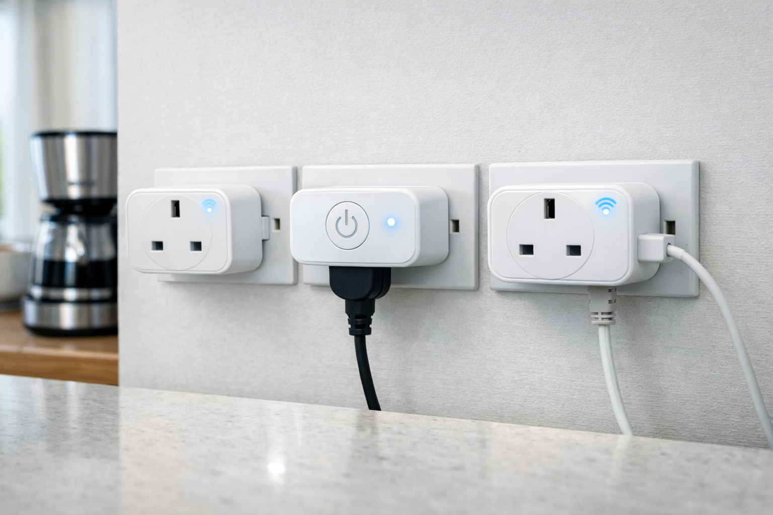 Three white smart plugs plugged into UK wall sockets on a light‑coloured wall in a modern home
