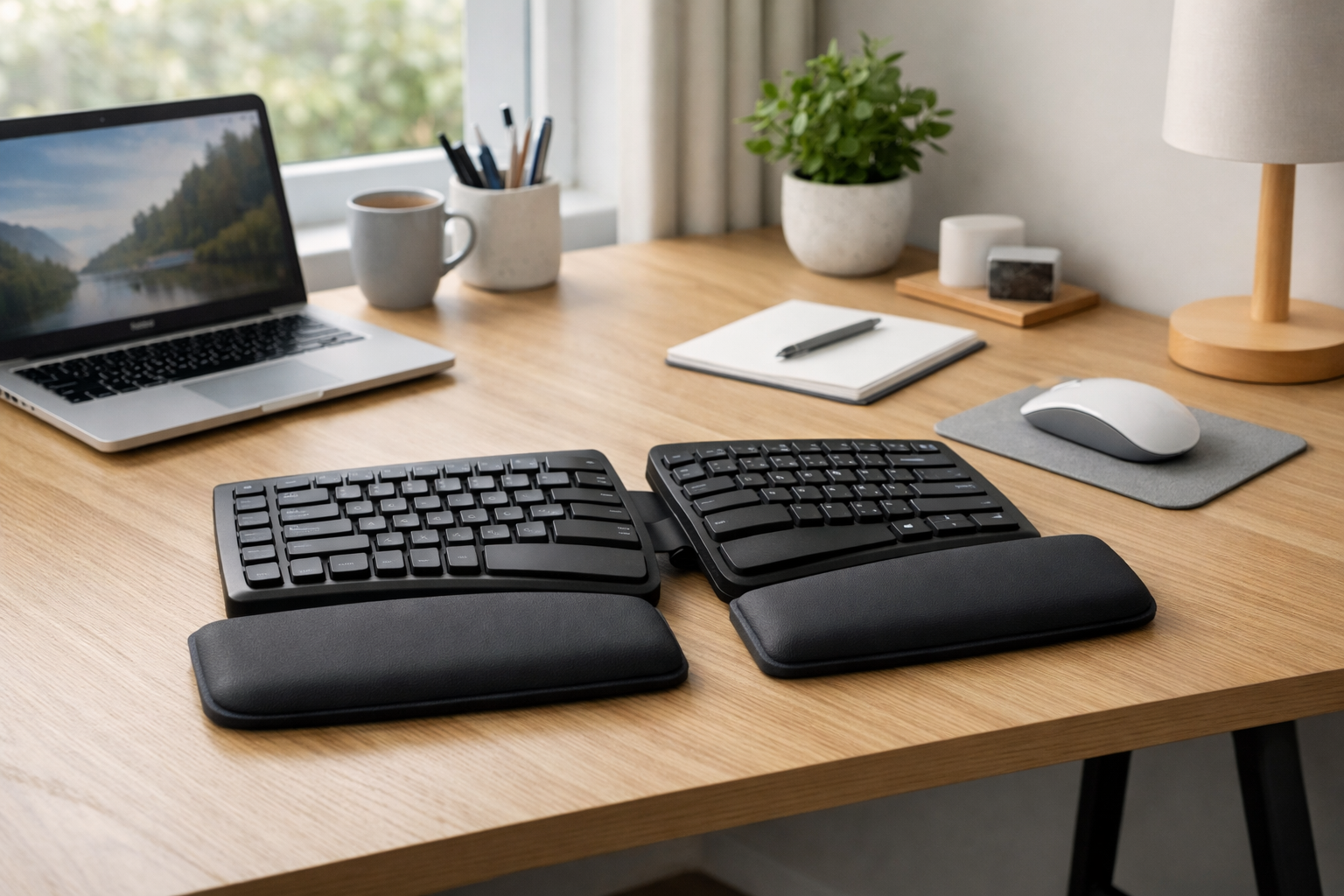 A split ergonomic keyboard on a modern UK home office desk with a wrist rest.