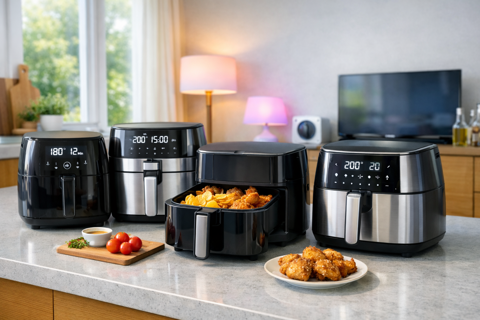 A bright modern UK kitchen countertop featuring several air fryers side by side, including an open basket showing golden chips and crispy chicken. Natural daylight reflects off stainless‑steel finishes and clean surfaces, highlighting the glossy appliances and fresh, modern cooking vibe.