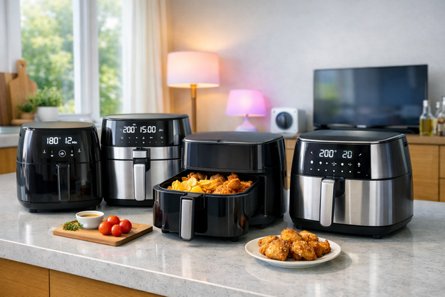 A bright modern UK kitchen countertop featuring several air fryers side by side, including an open basket showing golden chips and crispy chicken. Natural daylight reflects off stainless‑steel finishes and clean surfaces, highlighting the glossy appliances and fresh, modern cooking vibe.