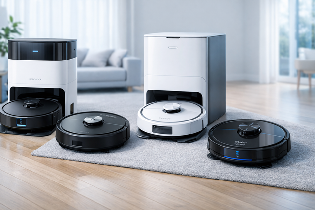 Hero image showing Roborock, Roomba, Ecovacs, and Eufy robot vacuums in a modern UK home