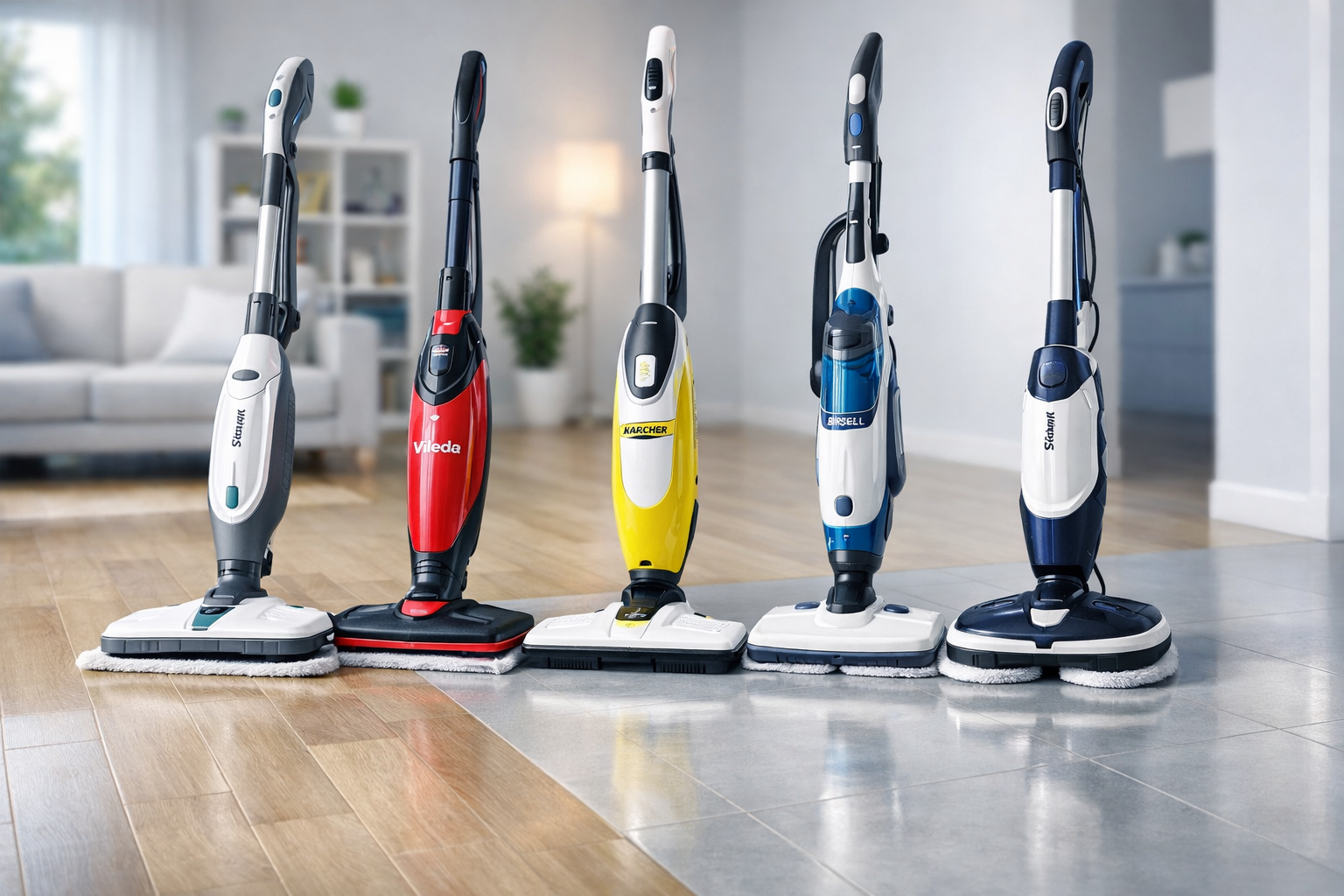 Top steam mops of 2026 — Shark, Vileda, Kärcher, Bissell and Shark Steam & Scrub — displayed on clean tiled and laminate flooring in a modern UK home