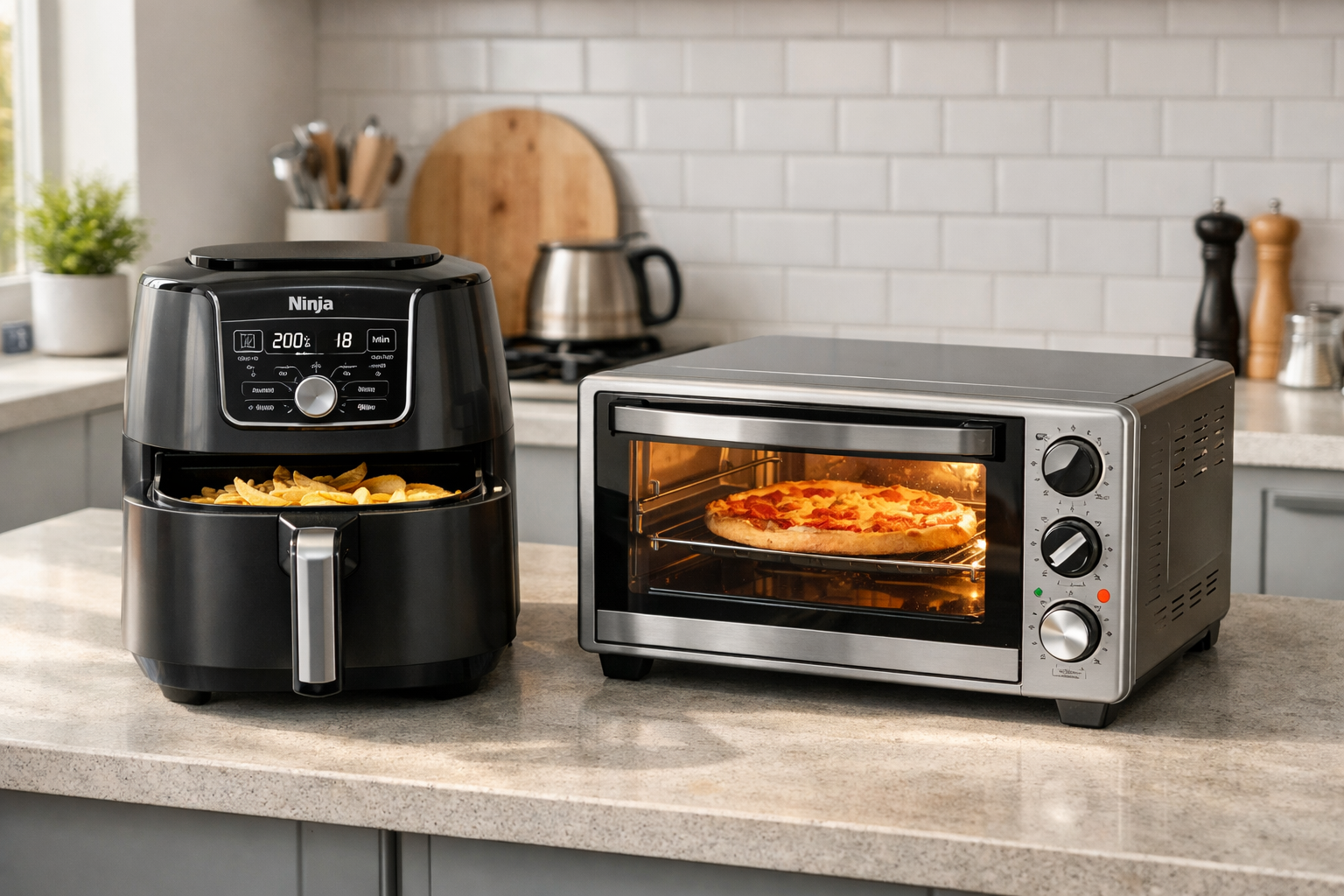 An air fryer and mini oven side by side on a UK kitchen countertop cooking food.