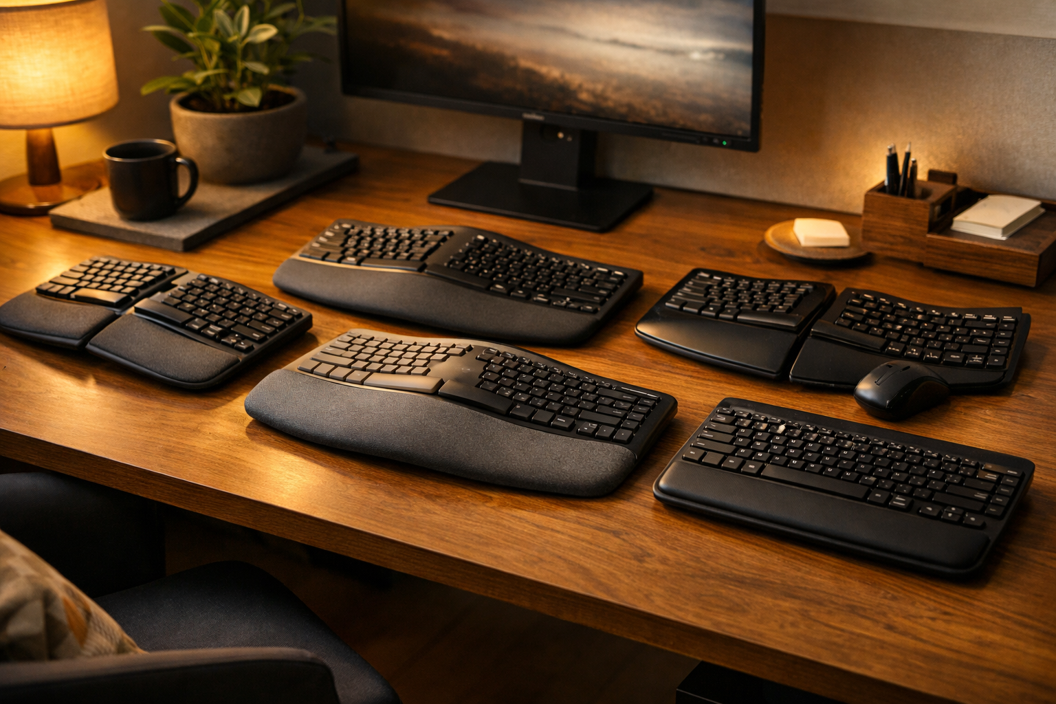 Ergonomic keyboards on a modern UK desk with split and curved designs and wrist rests.