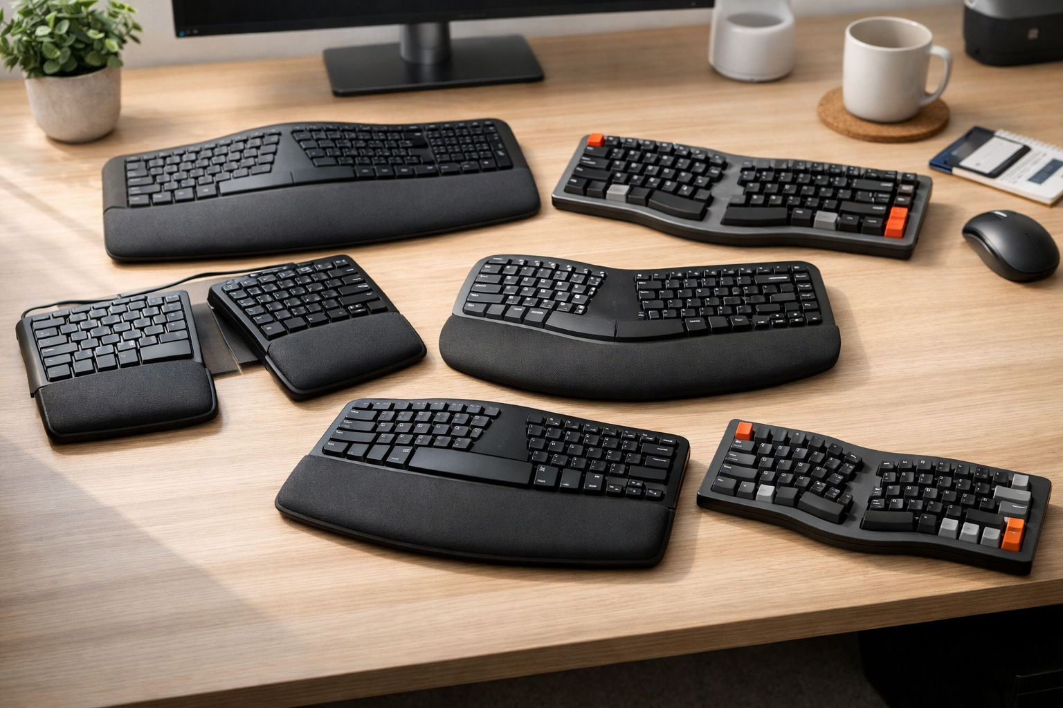 A selection of ergonomic keyboards with wrist rests displayed on a modern UK home‑office desk.